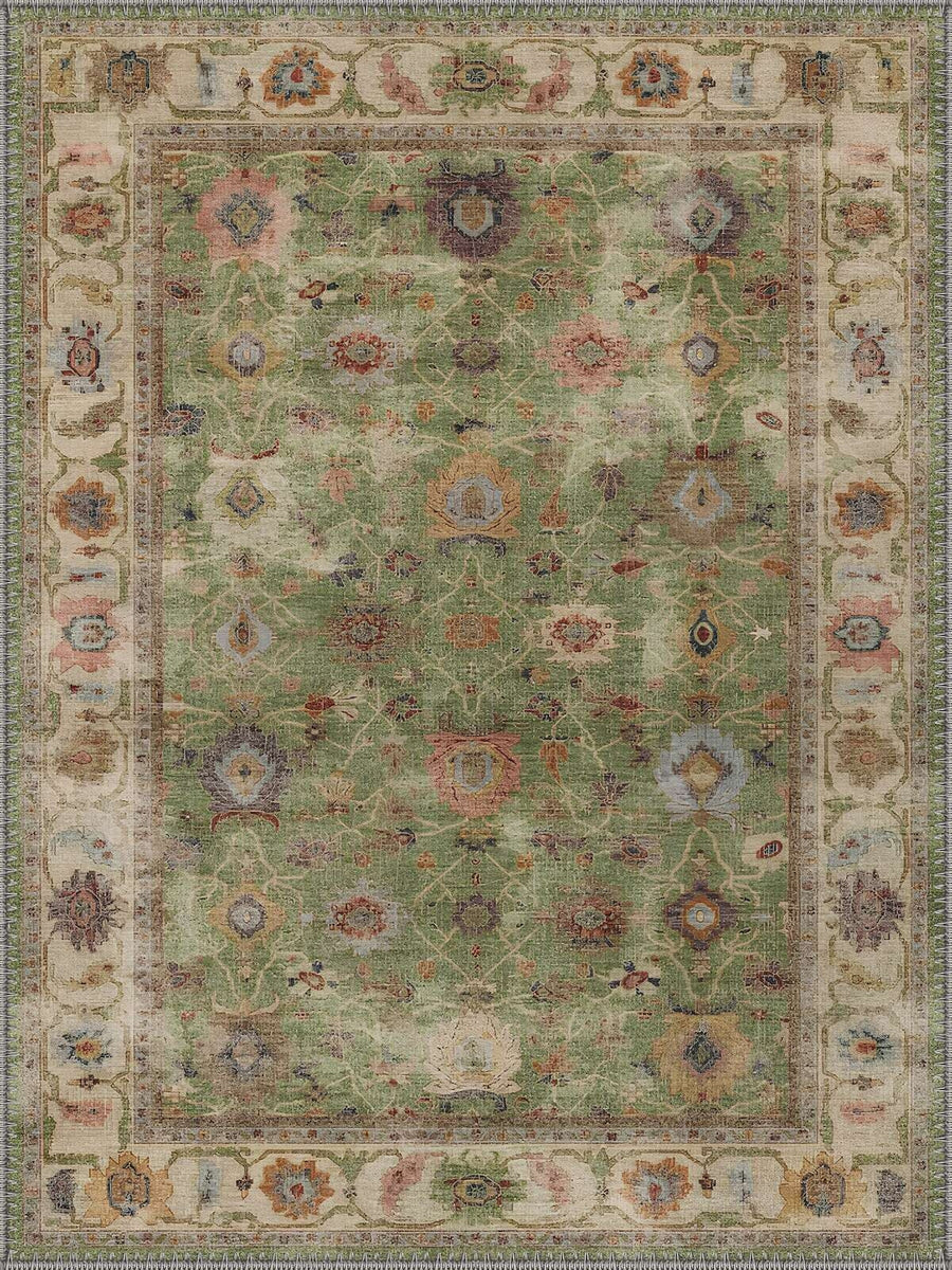Amsterdam Vintage Çiçekli Desenli Adaçayı Yeşili ve Krem Yıkanabilir Özel Ölçü Halı - ürün görseli