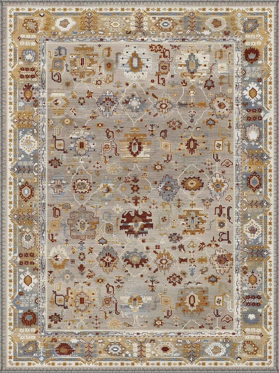 Brugge Vintage Geometrik Desenli Gri ve Krem Yıkanabilir Özel Ölçü Halı - ürün görseli