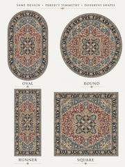 Gent Vintage Geometrik Madalyon Desenli Kiremit, Mavi ve Krem Yıkanabilir Özel Ölçü Halı - ürün görseli