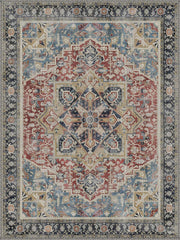 Gent Vintage Geometrik Madalyon Desenli Kiremit, Mavi ve Krem Yıkanabilir Özel Ölçü Halı - ürün görseli