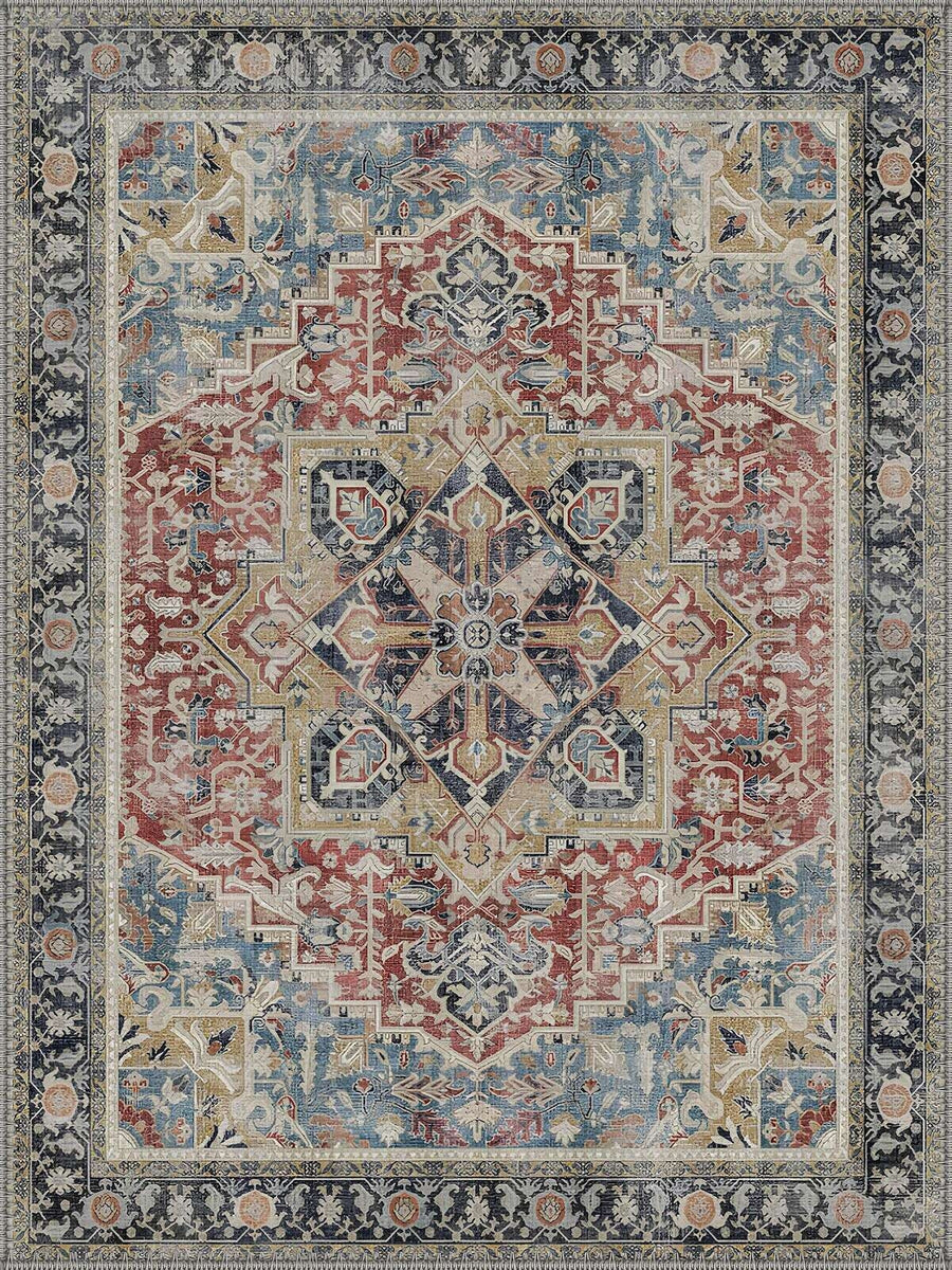 Gent Vintage Geometrik Madalyon Desenli Kiremit, Mavi ve Krem Yıkanabilir Özel Ölçü Halı - ürün görseli