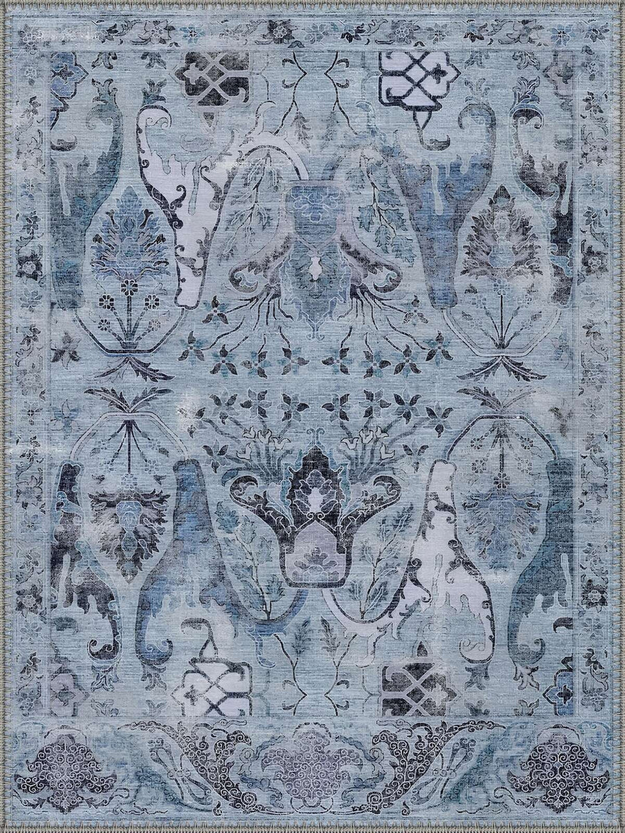 Antwerp Vintage Klasik Vazolu Desenli Mavi ve Gri Yıkanabilir Özel Ölçü Halı - ürün görseli