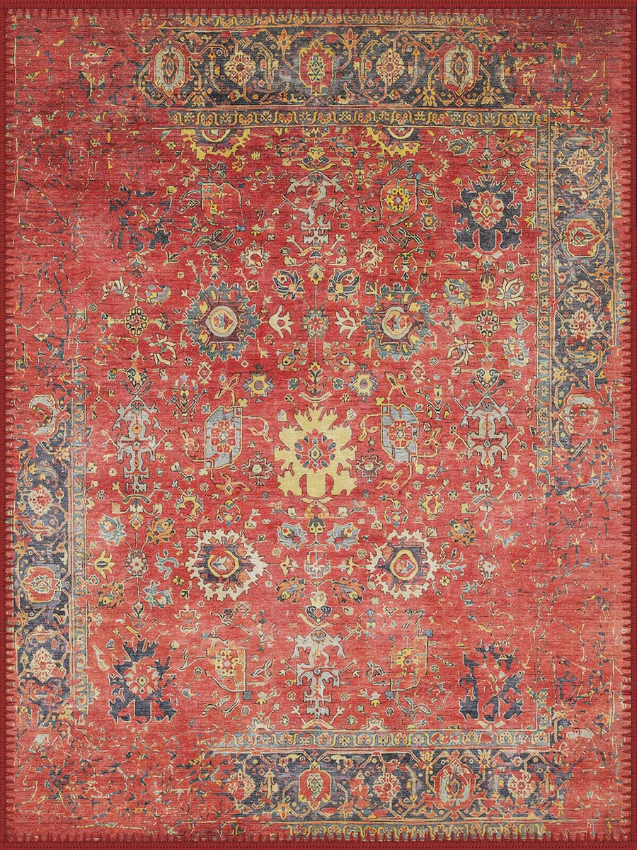 Brüksel Vintage Çiçekli Klasik Desenli Kiremit ve Lacivert Yıkanabilir Özel Ölçü Halı - ürün görseli
