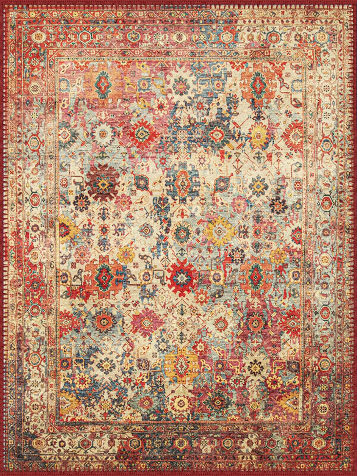 Bordeaux Vintage Geometrik Çiçekli Desenli Krem ve Kiremit Yıkanabilir Özel Ölçü Halı - ürün görseli