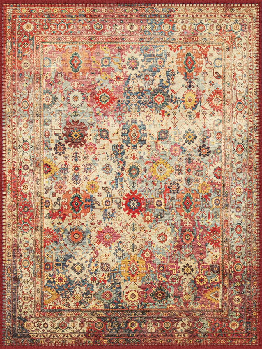 Bordeaux Vintage Geometrik Çiçekli Desenli Krem ve Kiremit Yıkanabilir Özel Ölçü Halı - ürün görseli
