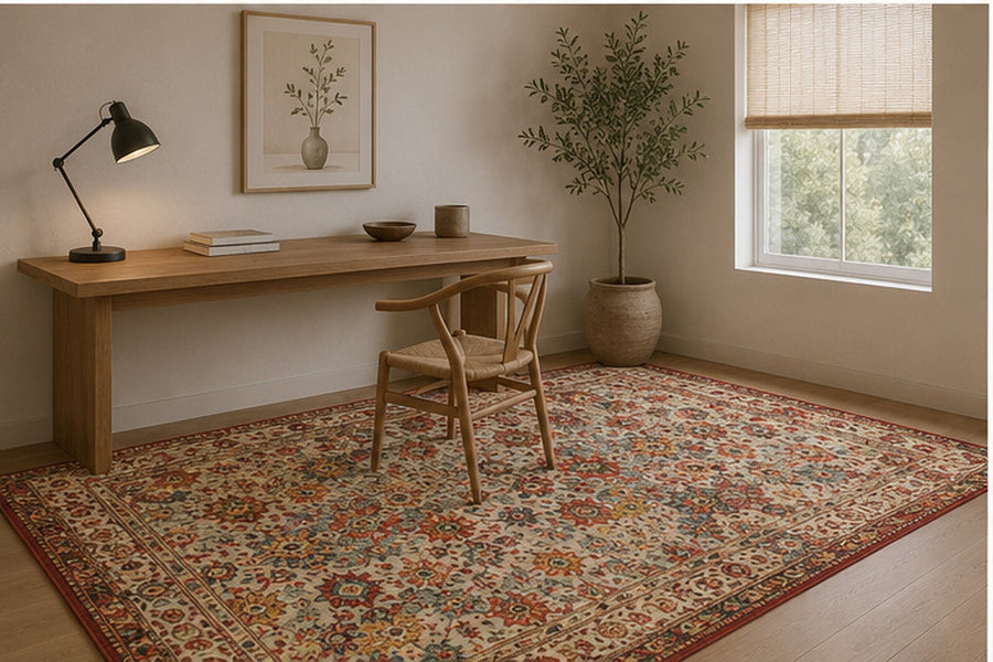 Bordeaux Vintage Geometrik Çiçekli Desenli Krem ve Kiremit Yıkanabilir Özel Ölçü Halı - ürün görseli