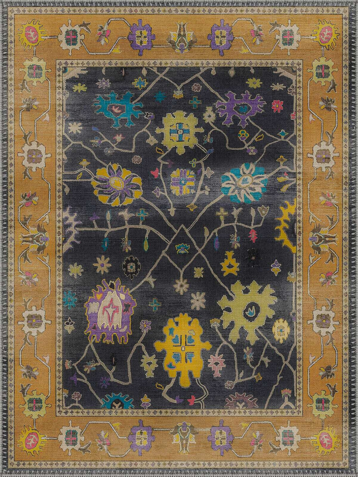 Rotterdam Vintage Çiçekli Geometrik Desenli Lacivert ve Hardal Yıkanabilir Özel Ölçü Halı - ürün görseli