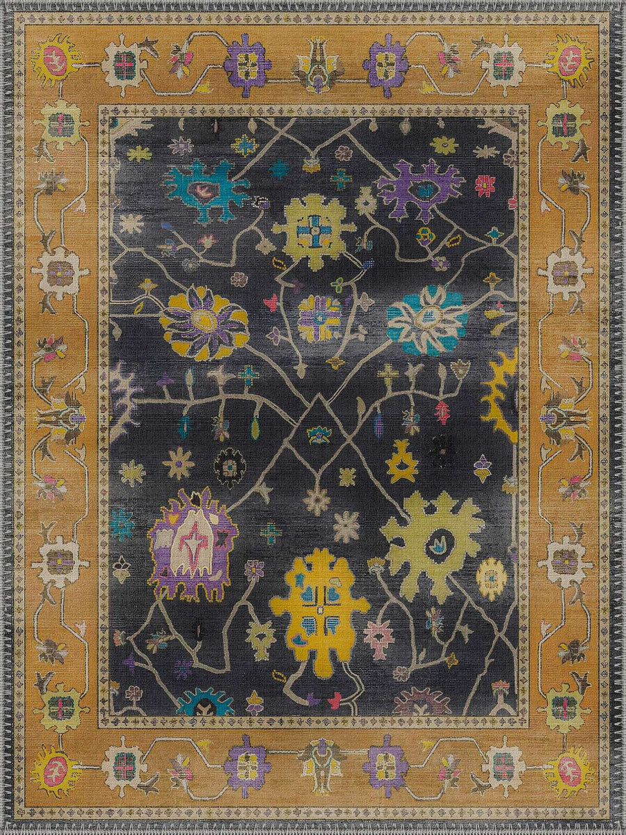 Rotterdam Vintage Çiçekli Geometrik Desenli Lacivert ve Hardal Yıkanabilir Özel Ölçü Halı - ürün görseli