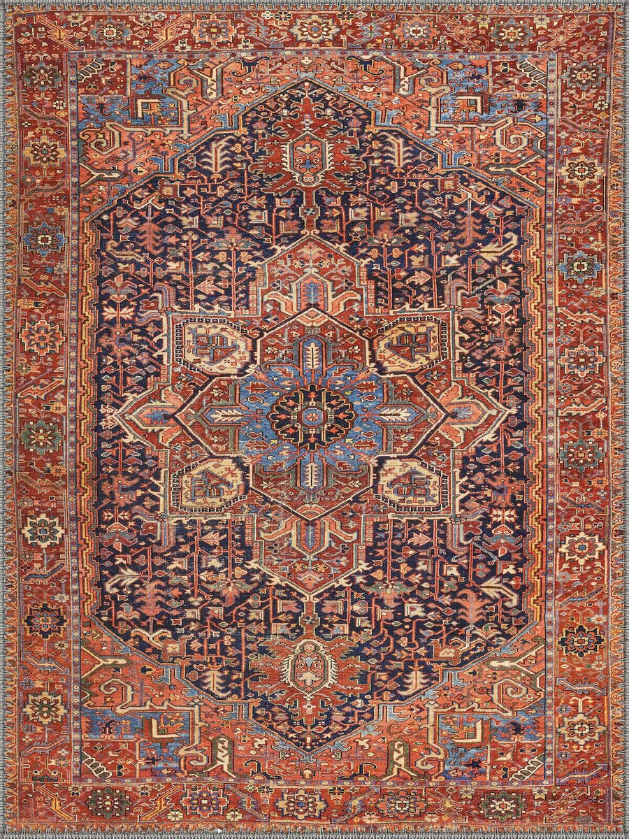 Utrecht Vintage Madalyon Desenli Kiremit, Lacivert ve Mavi Yıkanabilir Özel Ölçü Halı - ürün görseli