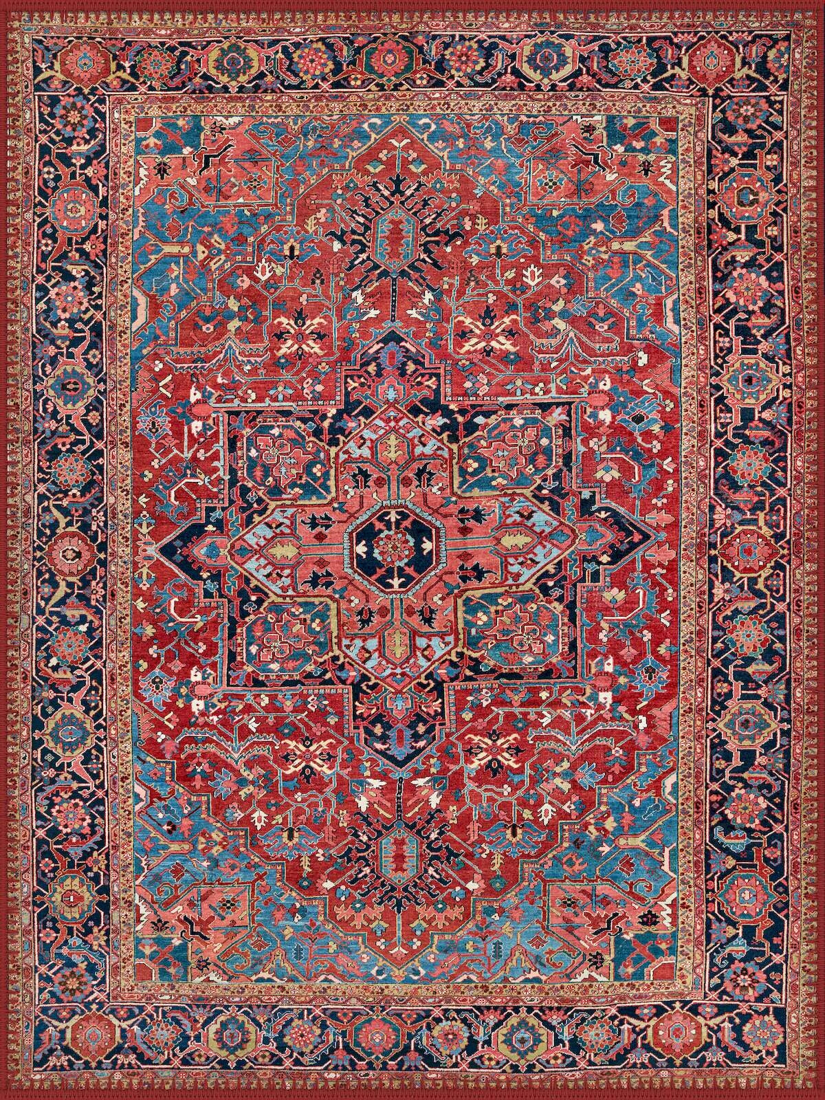 Haarlem Vintage Geometrik Madalyon Desenli Kiremit ve Mavi Yıkanabilir Özel Ölçü Halı - ürün görseli