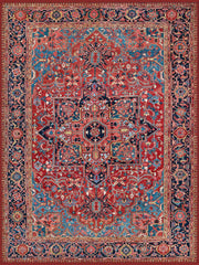Haarlem Vintage Geometrik Madalyon Desenli Kiremit ve Mavi Yıkanabilir Özel Ölçü Halı - ürün görseli