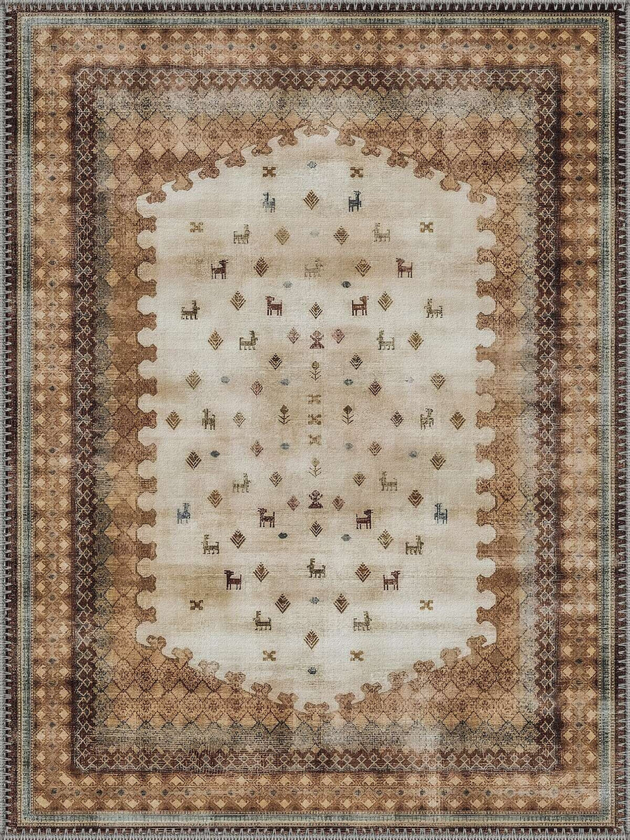 Lille Vintage Geometrik Desenli Krem ve Kahverengi Yıkanabilir Özel Ölçü Halı - ürün görseli
