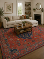 Avignon Vintage Madalyon Desenli Kiremit ve Lacivert Yıkanabilir Özel Ölçü Halı - ürün görseli