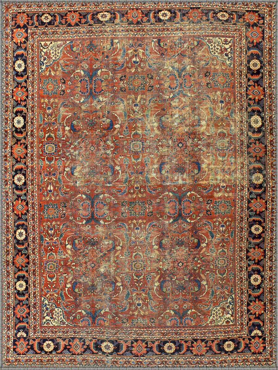 Nice Vintage Çiçekli Klasik Desenli Kiremit ve Lacivert Yıkanabilir Özel Ölçü Halı - ürün görseli