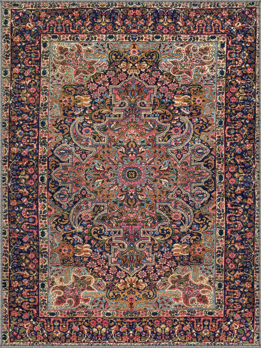 Lozan Vintage Madalyon Desenli Lacivert ve Pastel Tonlu Yıkanabilir Özel Ölçü Halı - ürün görseli