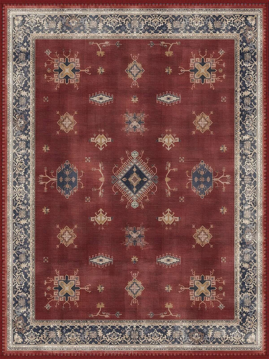 Luzern Vintage Geometrik Desenli Bordo ve Lacivert Yıkanabilir Özel Ölçü Halı - ürün görseli