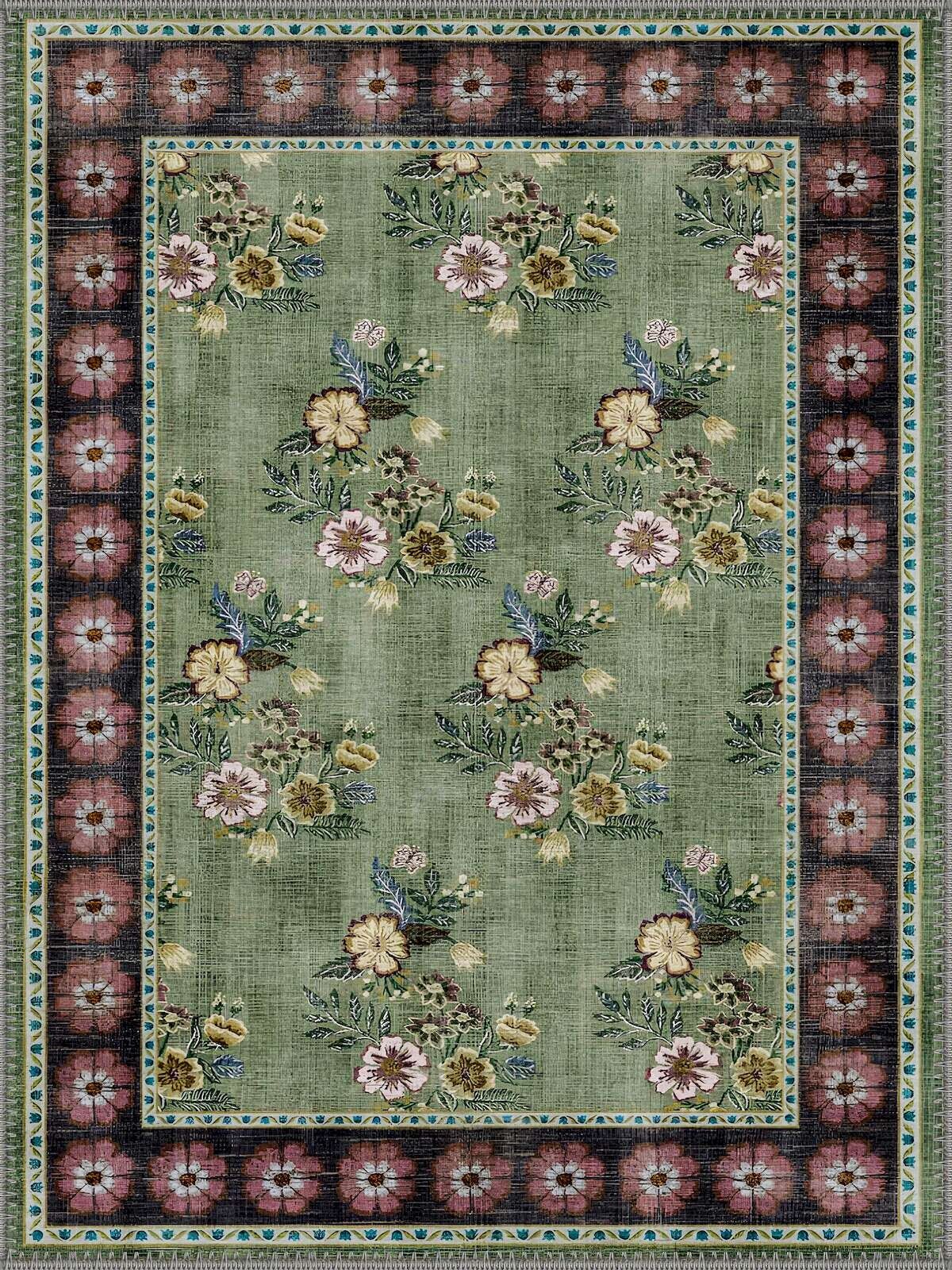 Rosalie Vintage Floral Desenli Yeşil ve Pembe Yıkanabilir Özel Ölçü Halı - ürün görseli