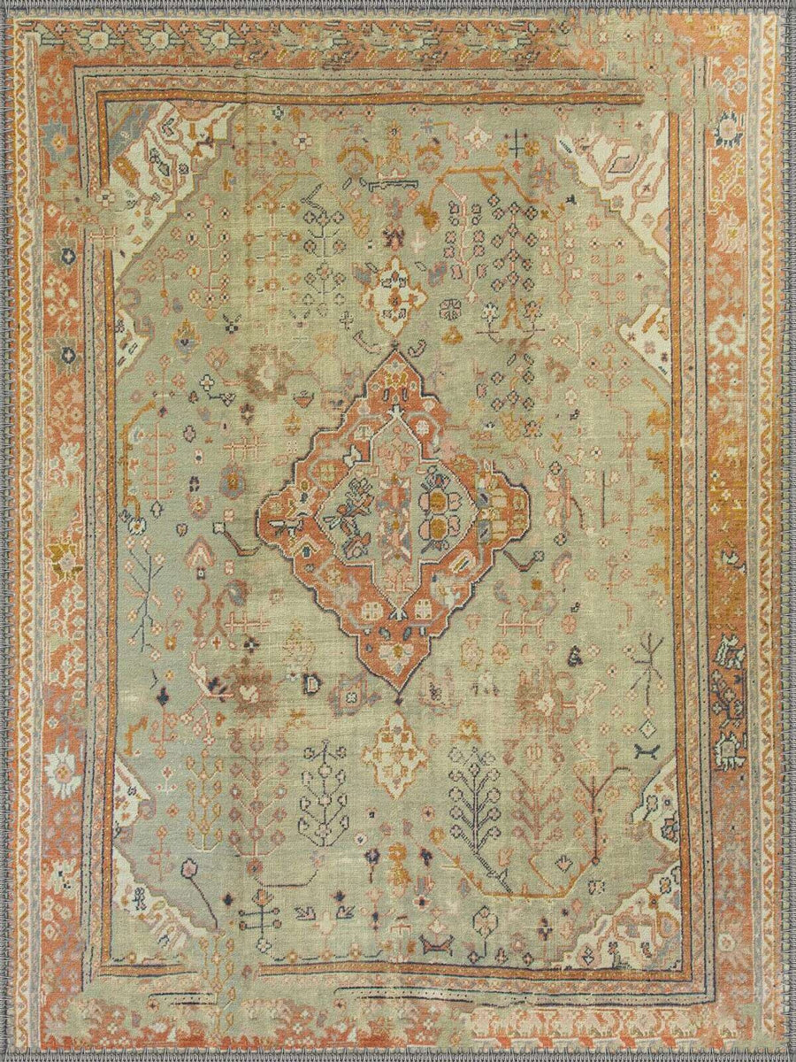 Elara Vintage Madalyon Desenli Adaçayı Yeşili ve Kiremit Yıkanabilir Özel Ölçü Halı - ürün görseli