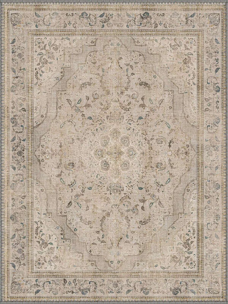 Clara Vintage Madalyon Desenli Krem ve Bej Yıkanabilir Özel Ölçü Halı - ürün görseli
