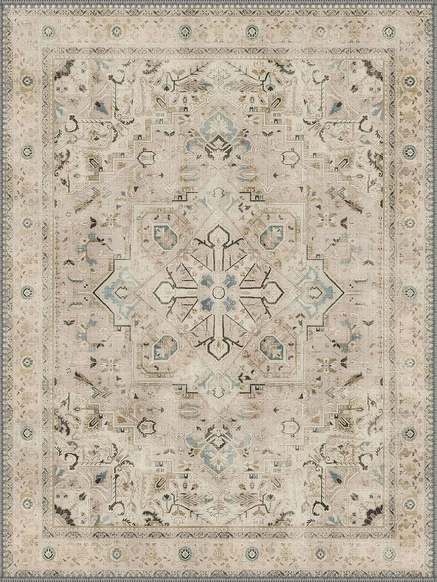 Verona Vintage Geometrik Desenli Krem ve Açık Mavi Yıkanabilir Özel Ölçü Halı - ürün görseli