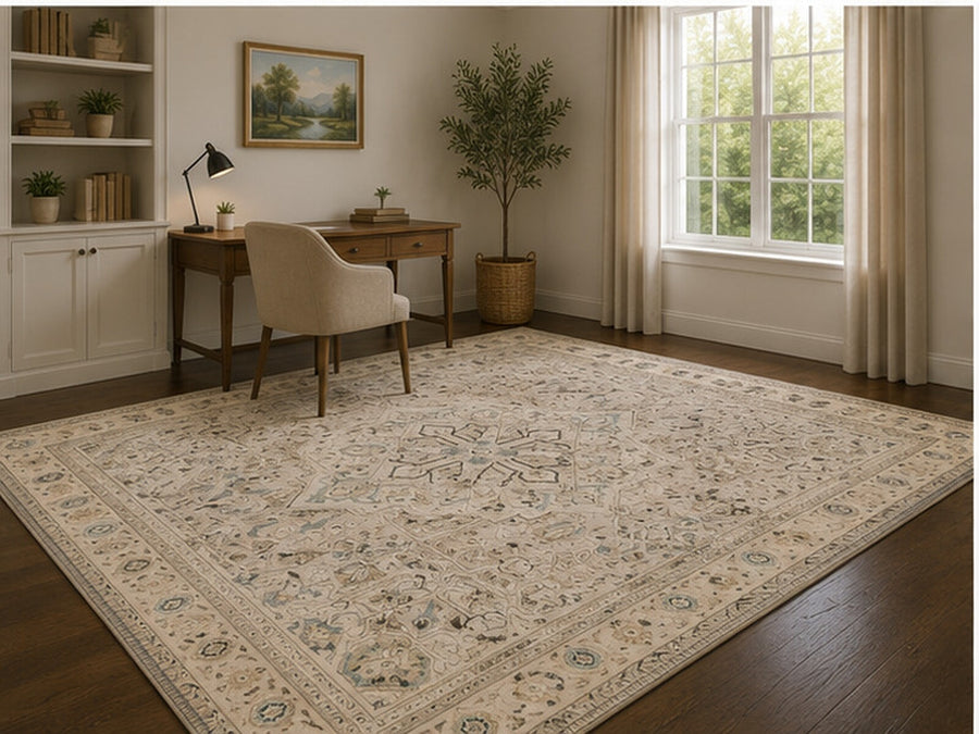 Verona Vintage Geometrik Desenli Krem ve Açık Mavi Yıkanabilir Özel Ölçü Halı - ürün görseli
