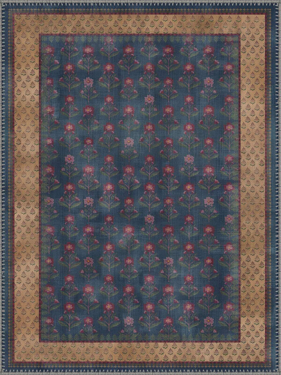 Napoli Vintage Floral Desenli Lacivert ve Kiremit Yıkanabilir Özel Ölçü Halı - ürün görseli