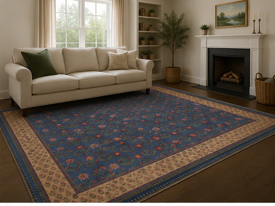 Napoli Vintage Floral Desenli Lacivert ve Kiremit Yıkanabilir Özel Ölçü Halı - ürün görseli