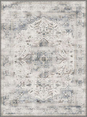 Siena Vintage Madalyon Desenli Açık Gri ve Mavi Yıkanabilir Özel Ölçü Halı - ürün görseli