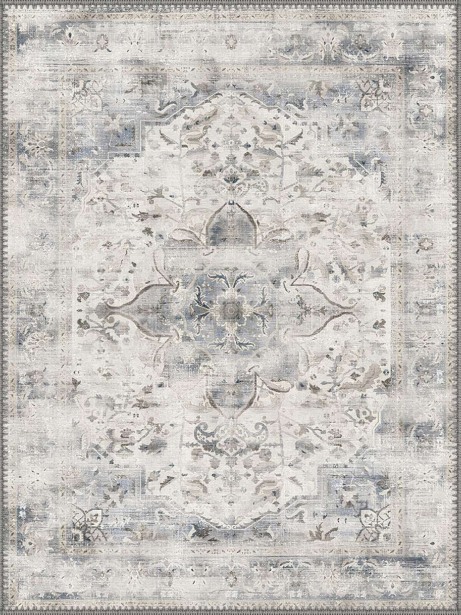 Siena Vintage Madalyon Desenli Açık Gri ve Mavi Yıkanabilir Özel Ölçü Halı - ürün görseli