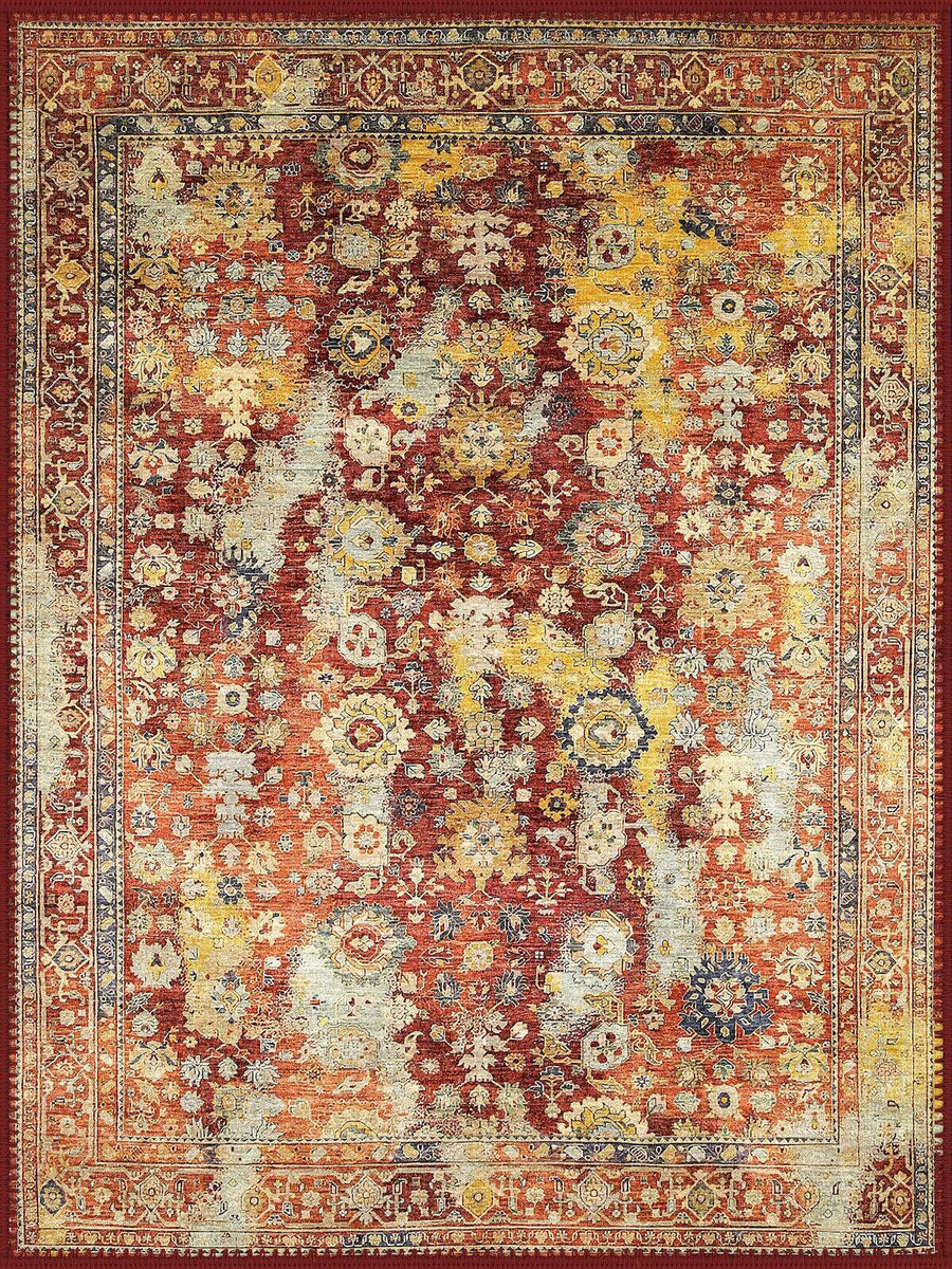 Palermo Vintage Çiçek Desenli Kiremit, Hardal ve Krem Tonlarında Yıkanabilir Özel Ölçü Halı - ürün görseli
