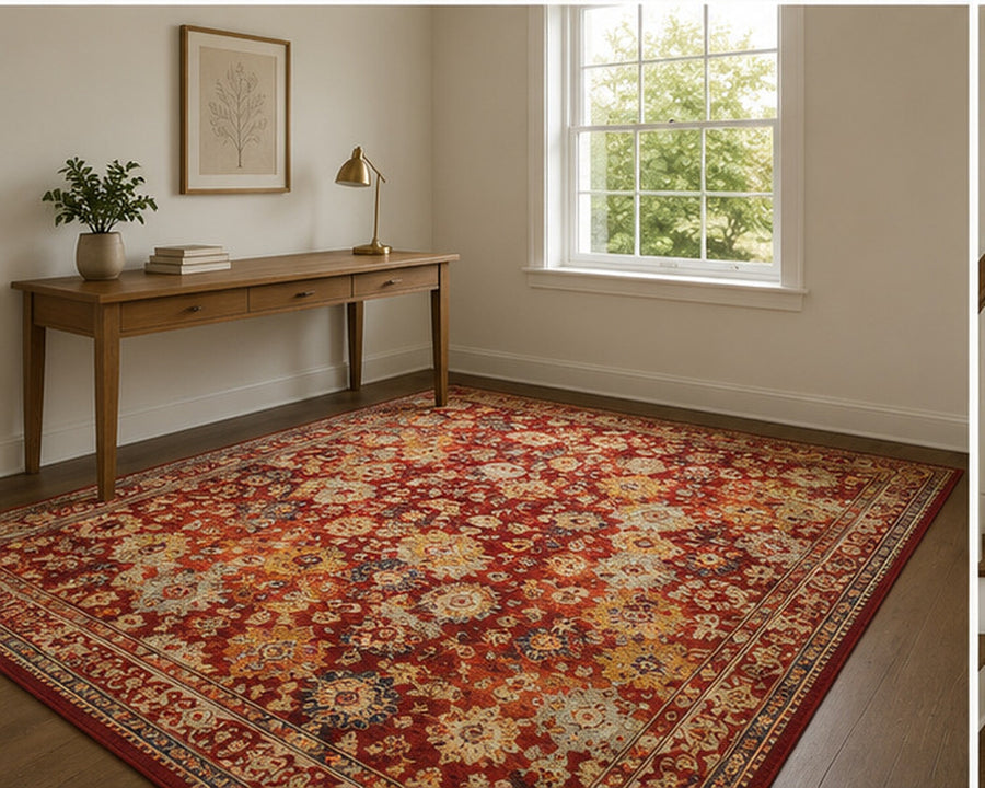 Palermo Vintage Çiçek Desenli Kiremit, Hardal ve Krem Tonlarında Yıkanabilir Özel Ölçü Halı - ürün görseli