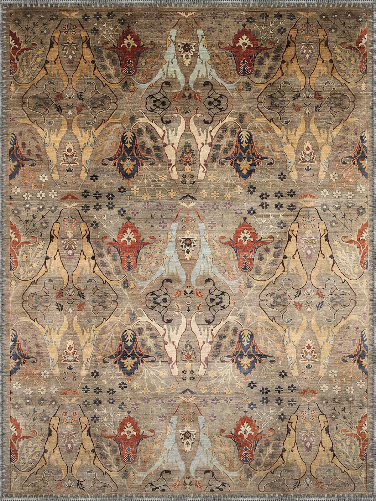 Lizbon Vintage Floral Desenli Bej, Kahverengi ve Kiremit Tonlarında Yıkanabilir Özel Ölçü Halı - ürün görseli