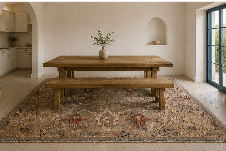 Lizbon Vintage Floral Desenli Bej, Kahverengi ve Kiremit Tonlarında Yıkanabilir Özel Ölçü Halı - ürün görseli