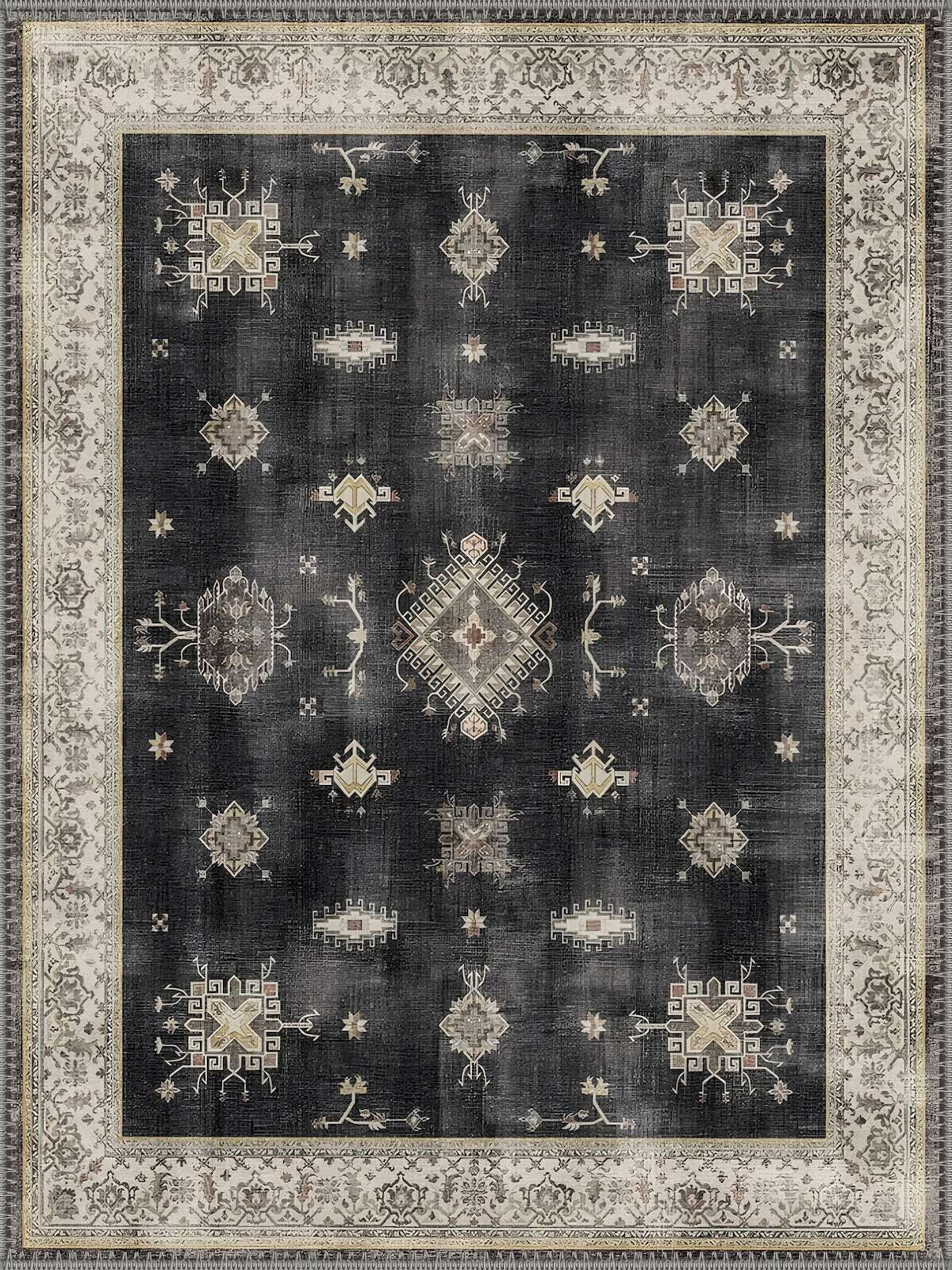 Braga Vintage Geometrik Desenli Siyah, Krem ve Bej Tonlarında Yıkanabilir Özel Ölçü Halı - ürün görseli