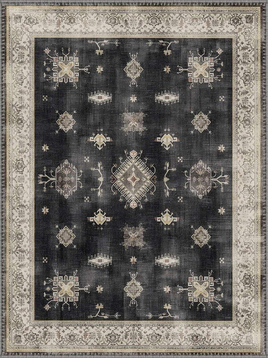 Braga Vintage Geometrik Desenli Siyah, Krem ve Bej Tonlarında Yıkanabilir Özel Ölçü Halı - ürün görseli