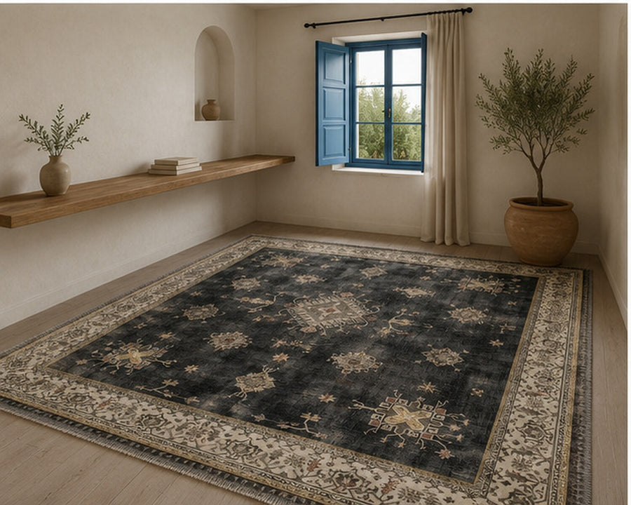 Braga Vintage Geometrik Desenli Siyah, Krem ve Bej Tonlarında Yıkanabilir Özel Ölçü Halı - ürün görseli