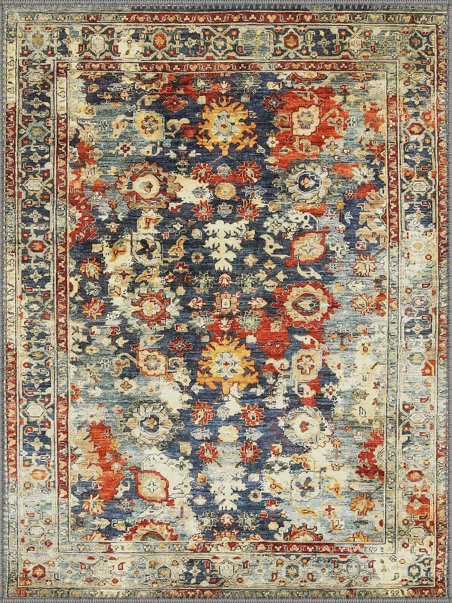 Coimbra Vintage Çiçek Desenli Lacivert, Kiremit ve Krem Tonlarında Yıkanabilir Özel Ölçü Halı - ürün görseli