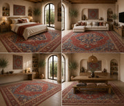 Sintra Vintage Madalyon Desenli Kırmızı ve Lacivert Yıkanabilir Özel Ölçü Halı - ürün görseli