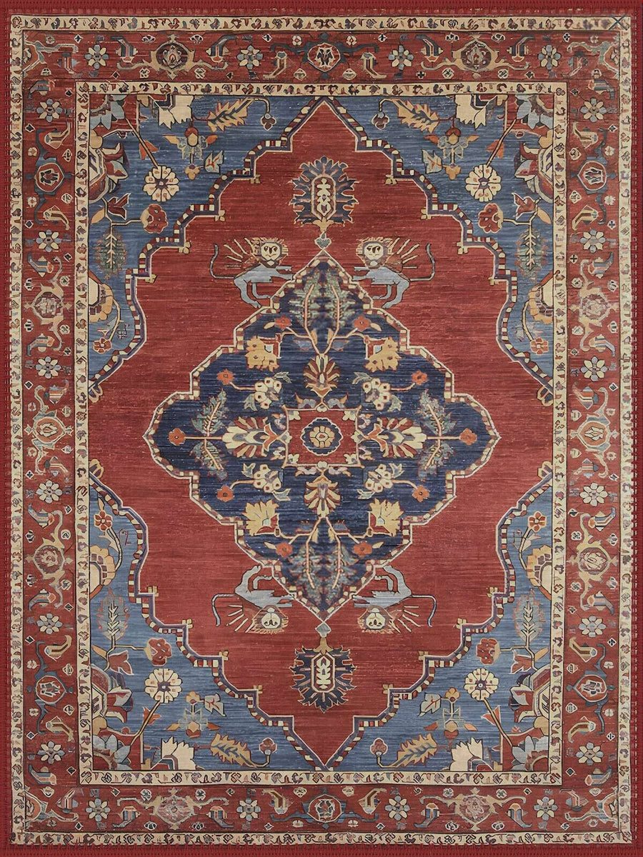 Sintra Vintage Madalyon Desenli Kırmızı ve Lacivert Yıkanabilir Özel Ölçü Halı - ürün görseli