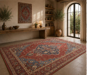 Sintra Vintage Madalyon Desenli Kırmızı ve Lacivert Yıkanabilir Özel Ölçü Halı - ürün görseli