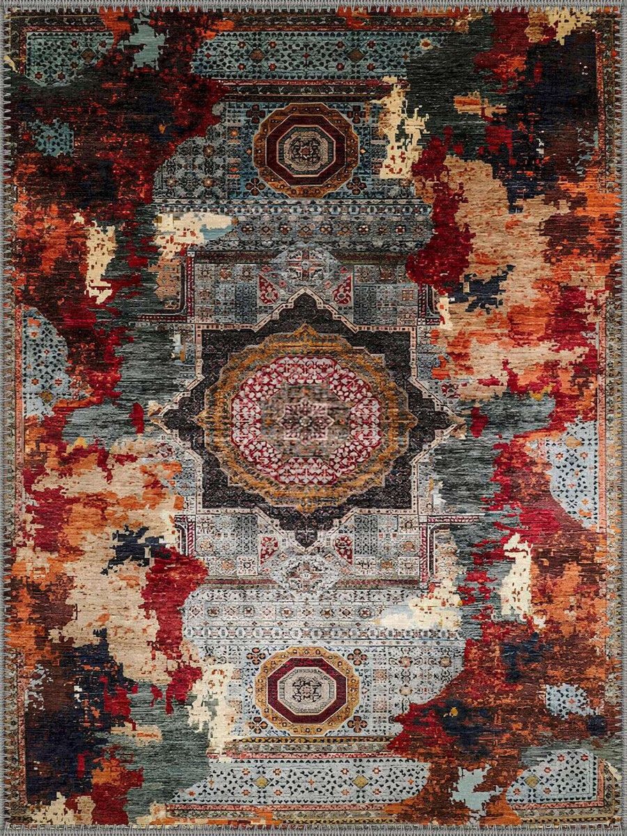 Sevilla Vintage Madalyon Desenli Kırmızı, Lacivert ve Krem Yıkanabilir Özel Ölçü Halı - ürün görseli