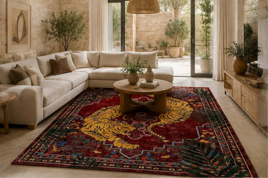Granada Vintage Kaplan Desenli Bordo ve Lacivert Yıkanabilir Özel Ölçü Halı - ürün görseli