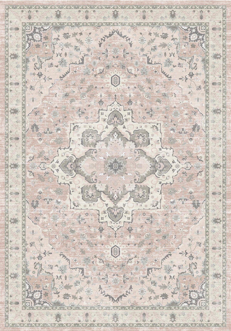 Valensiya Vintage Madalyon Desenli Pudra Pembe, Krem ve Gri Yıkanabilir Özel Ölçü Halı - ürün görseli