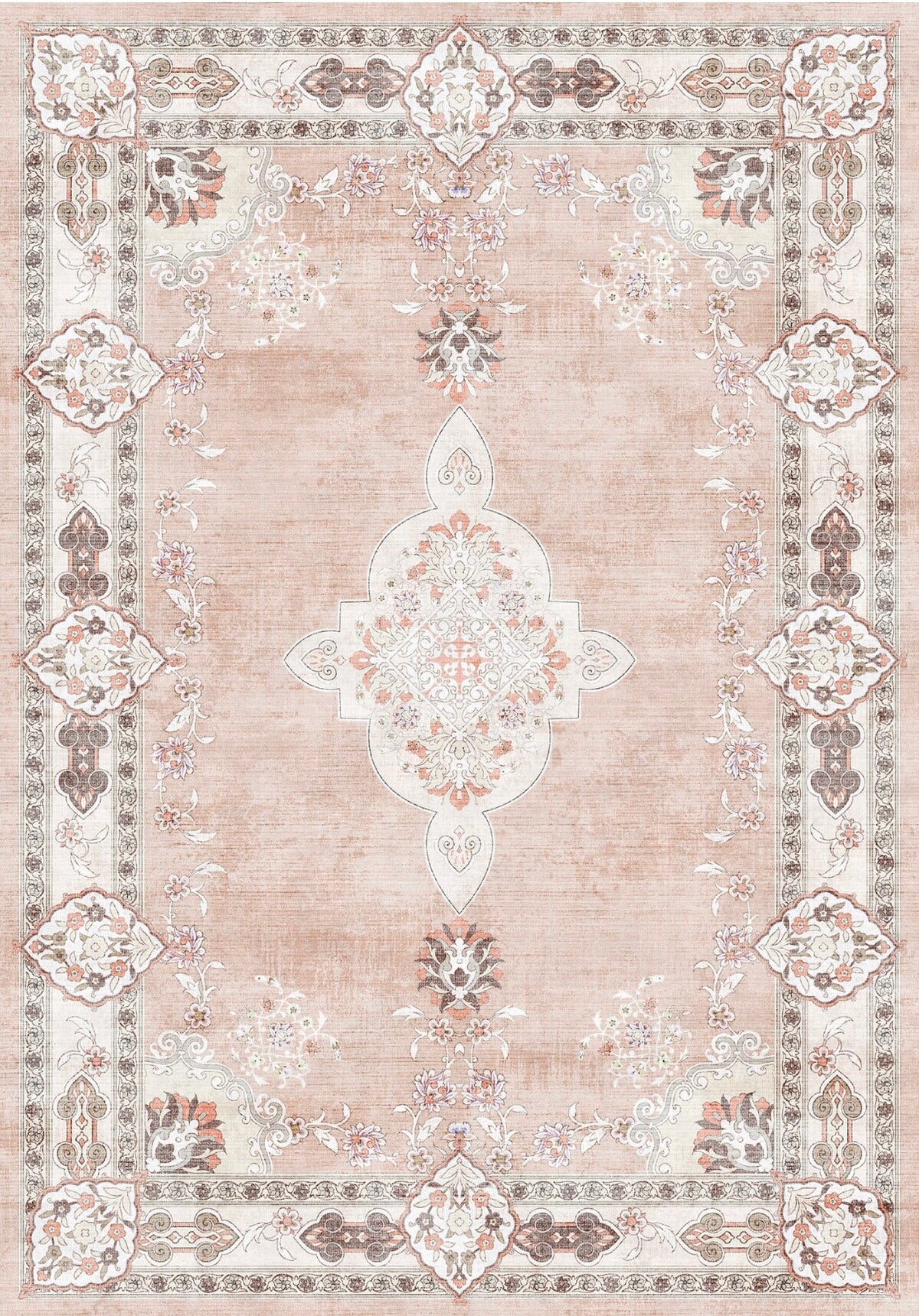 Toledo Vintage Madalyon Desenli Pudra Pembe ve Krem Yıkanabilir Özel Ölçü Halı - ürün görseli