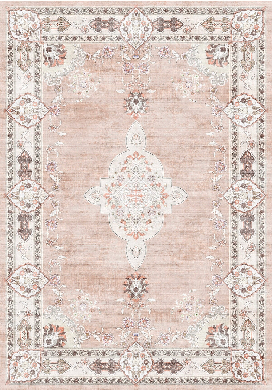 Toledo Vintage Madalyon Desenli Pudra Pembe ve Krem Yıkanabilir Özel Ölçü Halı - ürün görseli