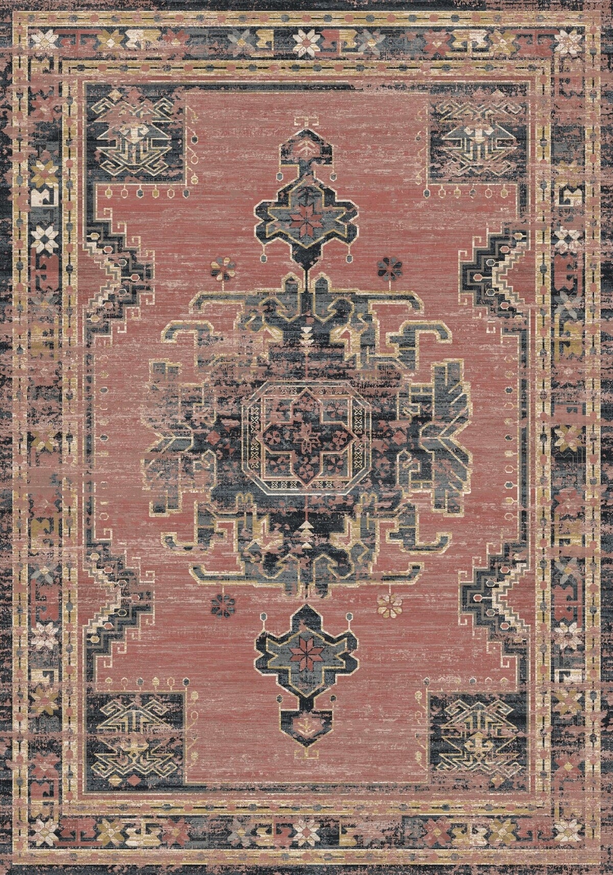 Bilbao Vintage Geometrik Madalyon Desenli Gül Kurusu ve Lacivert Yıkanabilir Özel Ölçü Halı - ürün görseli