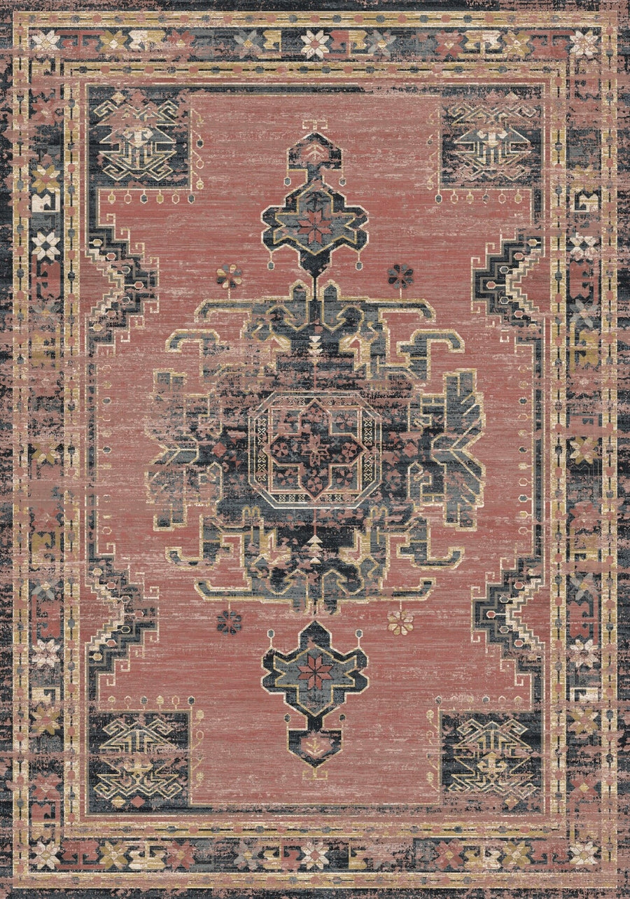 Bilbao Vintage Geometrik Madalyon Desenli Gül Kurusu ve Lacivert Yıkanabilir Özel Ölçü Halı - ürün görseli