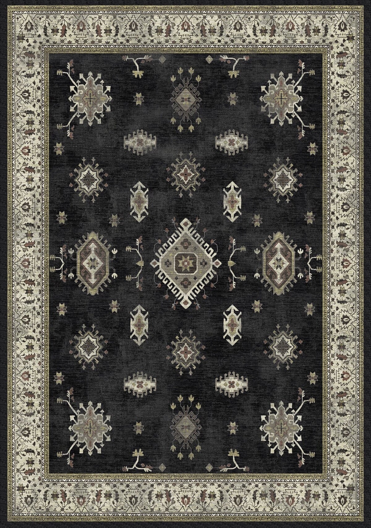 Malaga Vintage Geometrik Desenli Siyah ve Krem Yıkanabilir Özel Ölçü Halı - ürün görseli