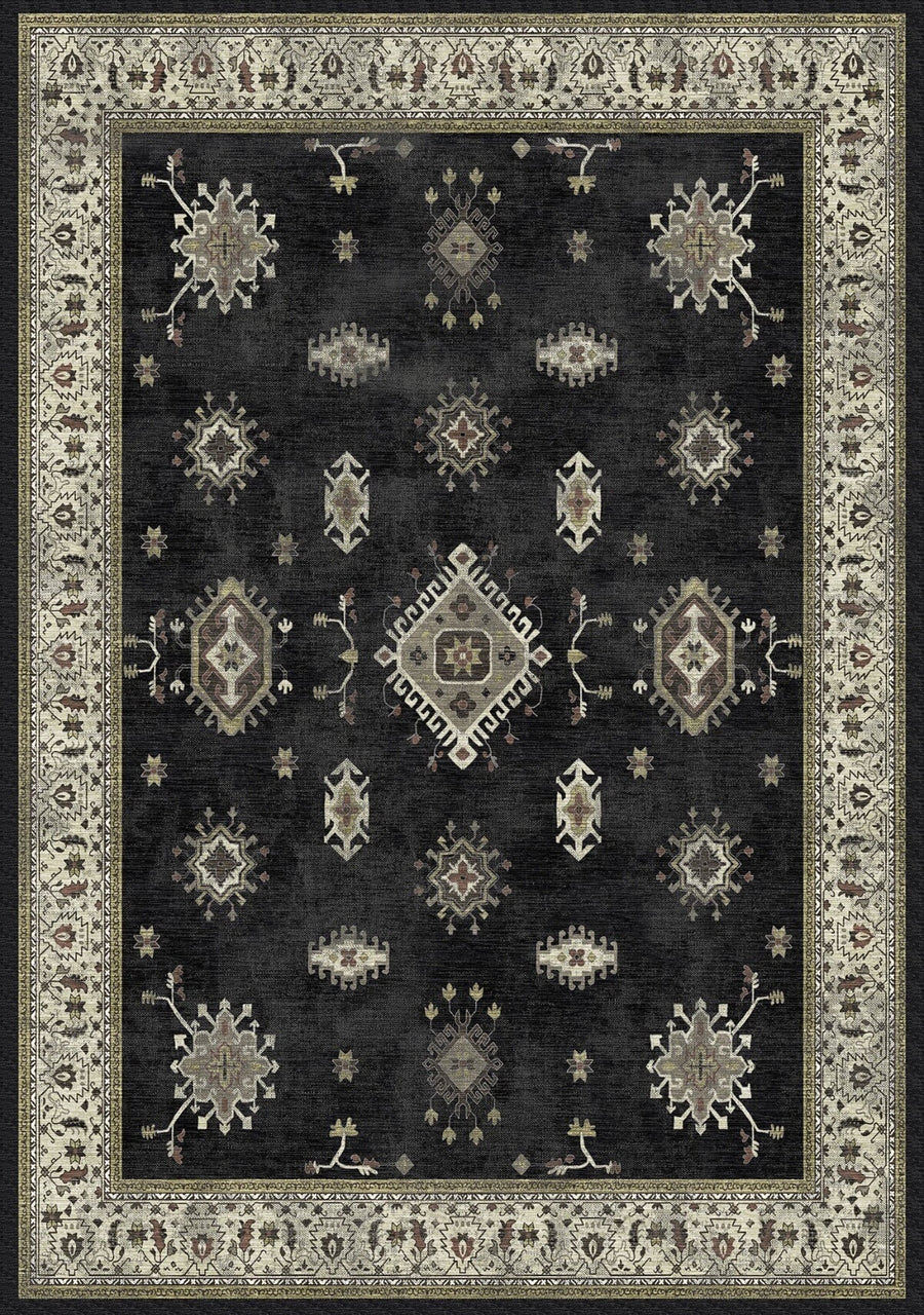 Malaga Vintage Geometrik Desenli Siyah ve Krem Yıkanabilir Özel Ölçü Halı - ürün görseli