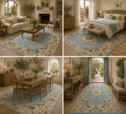 Viyana Vintage Floral Medallion Blue & Pastel Washable Area Rug - ürün görseli
